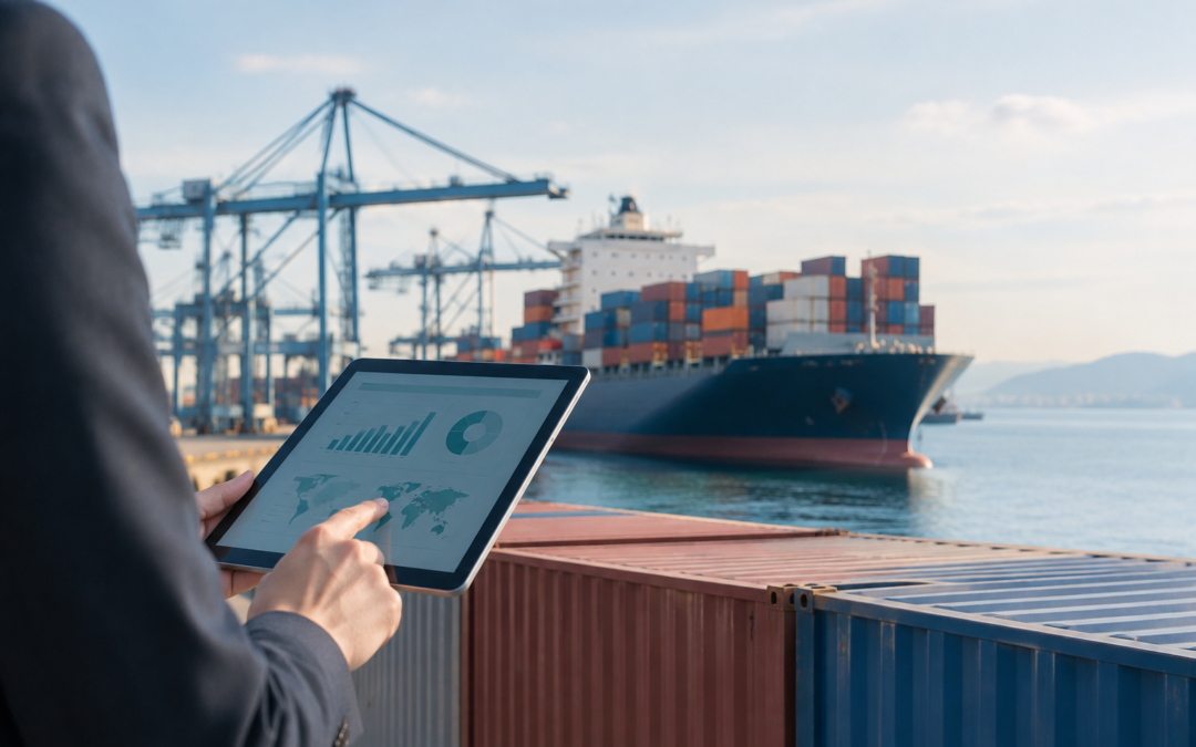 Profesional analizando datos de importaciones y huella de carbono junto a un buque de contenedores en el puerto, en el contexto del impuesto CBAM