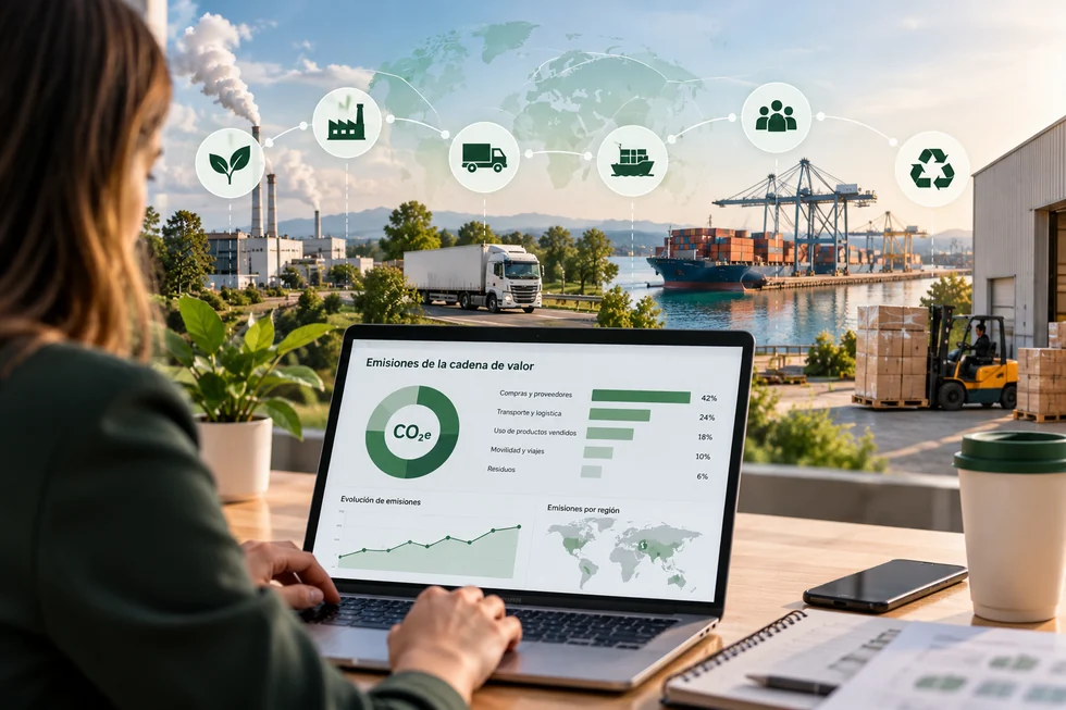 Análisis de las emisiones de la cadena de valor mediante datos de CO₂e en actividades industriales, compras, transporte y logística.